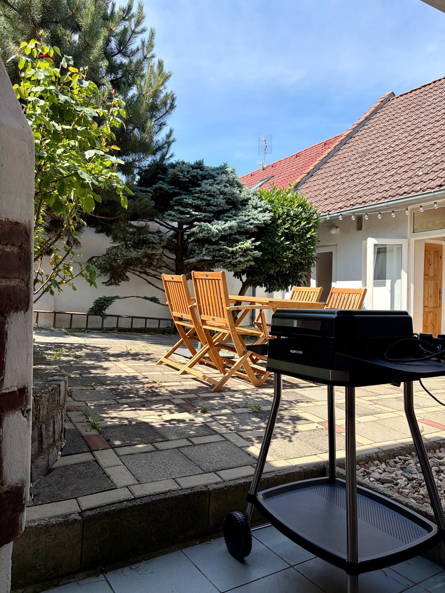 Elektrický gril na dvorku se zahradním posezením a zelení